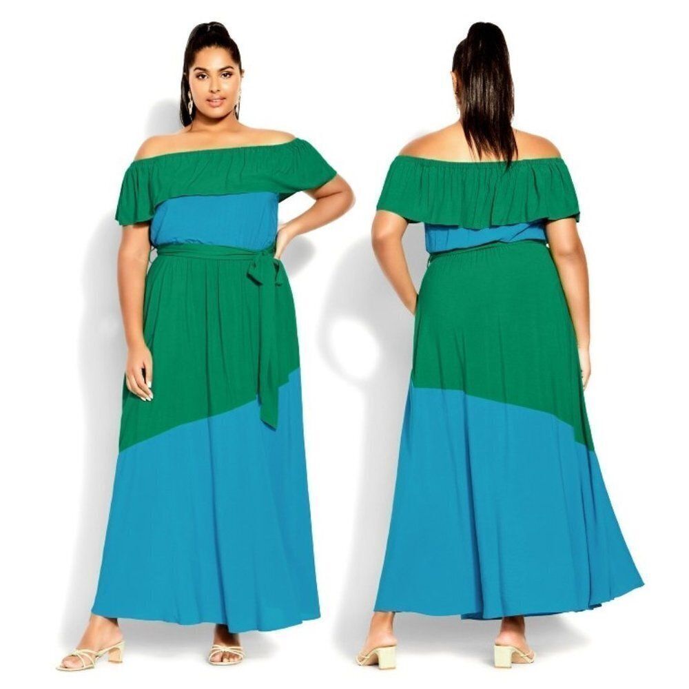 City Chic Women's Colorburst Maxi Dress Party Blue Green Size 16